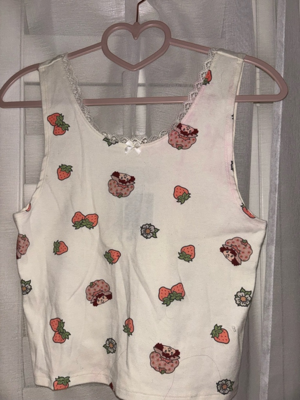 White Strawberry Print Lace Trim Tank Top